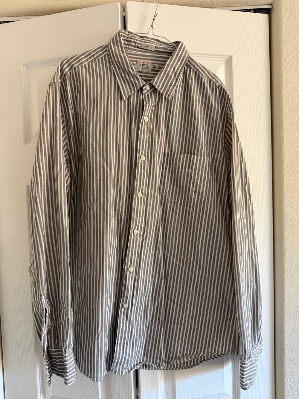 J. Crew Men's Gray and White Striped Button-Down Shirt